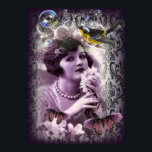 Poster Vintage damask art deco gatby Flapper Girl<br><div class="desc">Vintage damask art deco gatsby Flapper Girl. Convites de chá de panela de Paris. Acessórios de moda parisiense de tendências.</div>