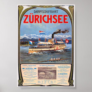 Poster vintage Dampfschiffahrt Zürichsee 1900