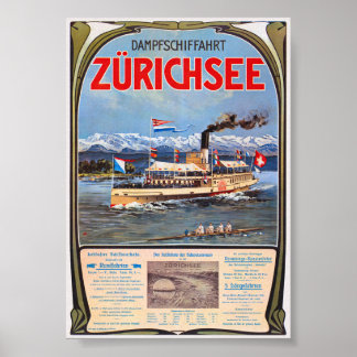 Poster vintage Dampfschiffahrt Zürichsee 1900