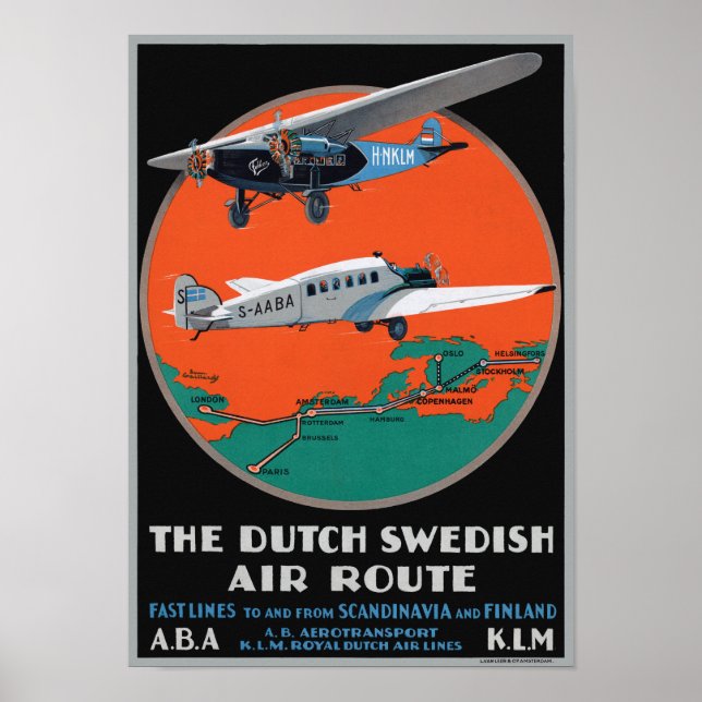 Poster vintage de 1930 da Rota Aérea Sueca (Frente)