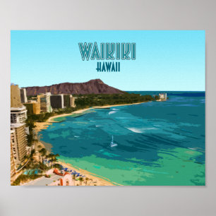 Poster Vintage de Honolulu Oahu Havaí da praia de Waikik
