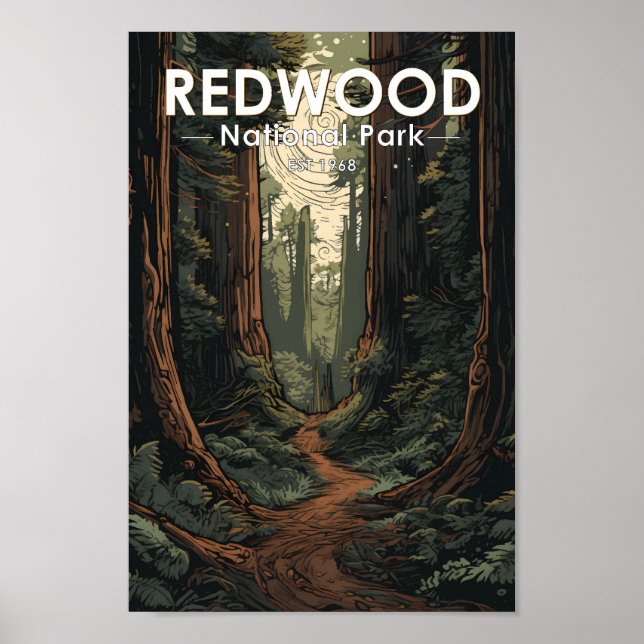 Poster Vintage de Ilustração do Parque Nacional Redwood (Frente)