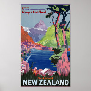 Poster vintage de Nova Zelândia da ilha sul