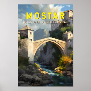 Poster Vintage de pintura a óleo de Mostar Stari Most Via