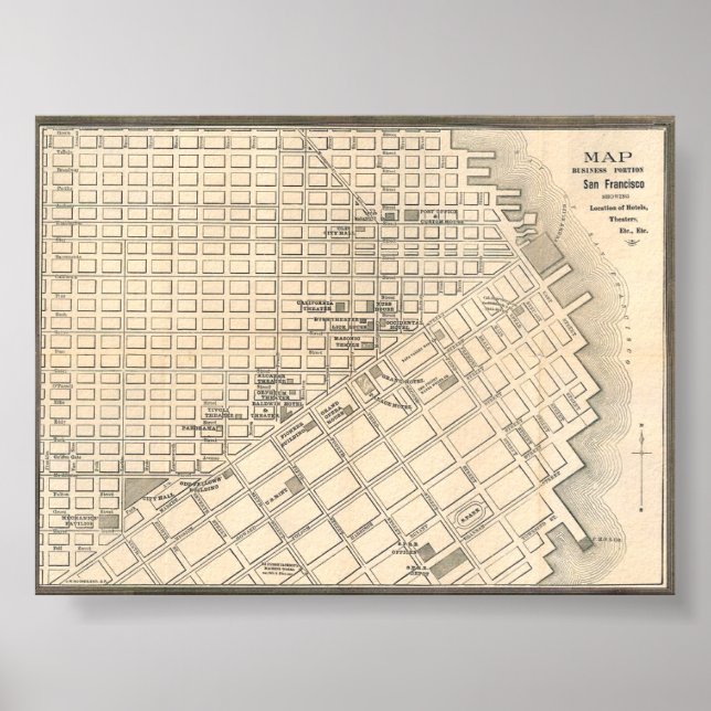 Poster Vintage Detailed Golden San Francisco Map 1889 (Frente)