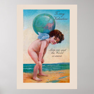 Poster Vintage Dia de os namorados Cupid Segurando Globo