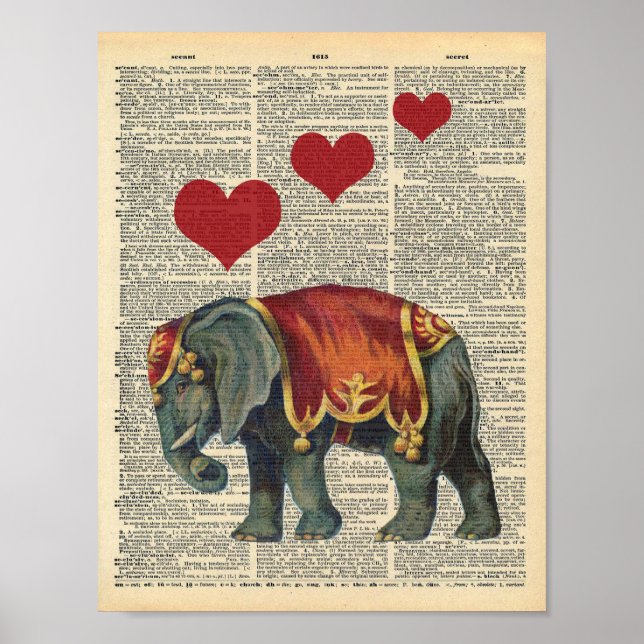 Póster Vintage Dictionary Art Circus Elephant Love (Frente)