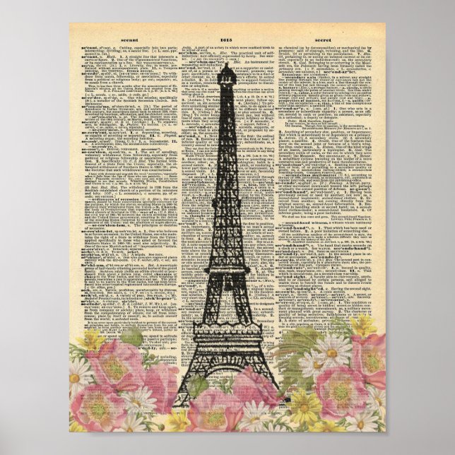 Póster Vintage Dictionary Art Romantic Paris Eiffel Tower (Frente)