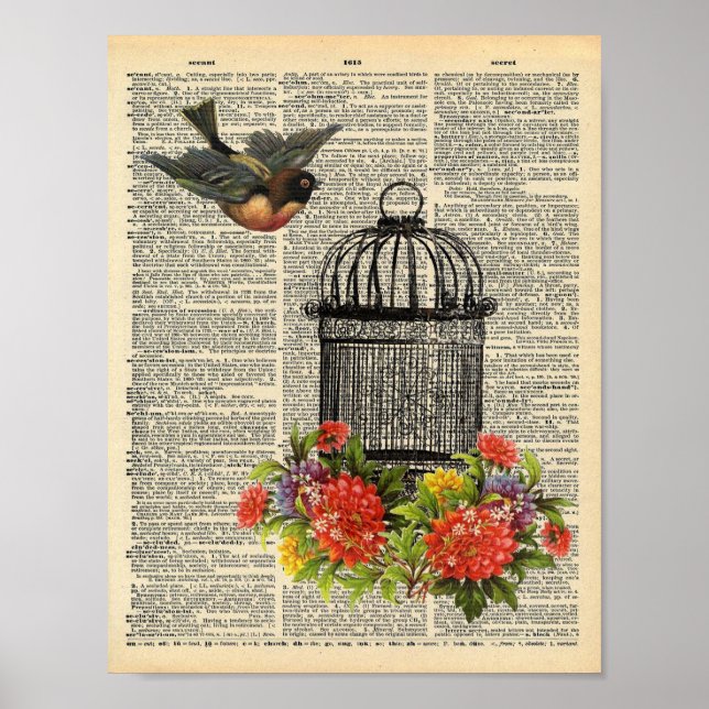 Póster Vintage Dictionary Wall Art Bird and Cage (Frente)