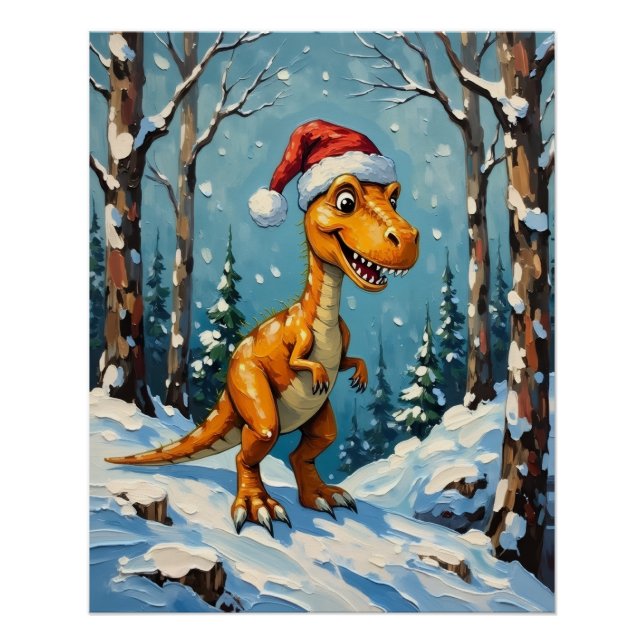 Póster Vintage Dinosaur with Santa Hat Christmas Scene (Frente)