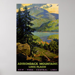Poster vintage do Lake Placid das montanhas de