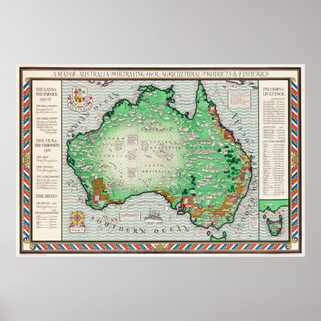 Poster Vintage do mapa da Austrália (Frente)