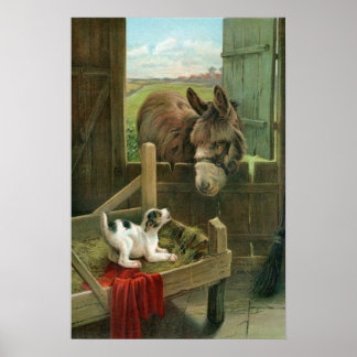 Póster Vintage Donkey e Puppy Dog em Manger Old Barnyard