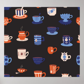 Poster Vintage Doodle Cups sem soleira