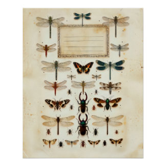 Póster Vintage Dragonfly Beetle Taxonomy Specimen Chart