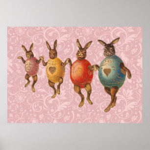 Póster Vintage Easter Bunnies dança com fantasias de ovo