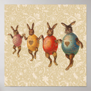 Póster Vintage Easter Bunnies dança com fantasias de ovo