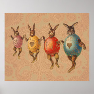 Póster Vintage Easter Bunnies dança com fantasias de ovo