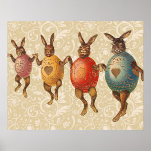 Poster Vintage Easter Bunnies dança com fantasias de ovo