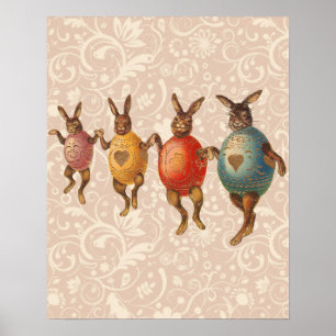 Poster Vintage Easter Bunnies dança com fantasias de ovo