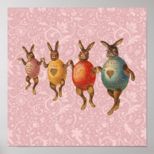 Póster Vintage Easter Bunnies dança com fantasias de ovo