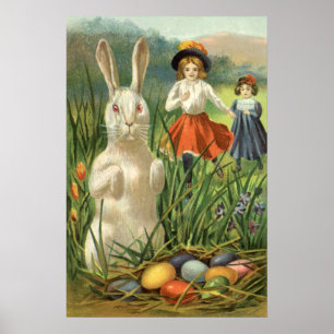 Póster Vintage Easter Bunny e Crianças Felizes Eastertide