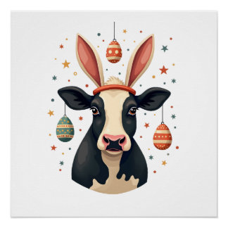 Póster Vintage Easter Cow Bunny Ears Cute Farm Animal Egg