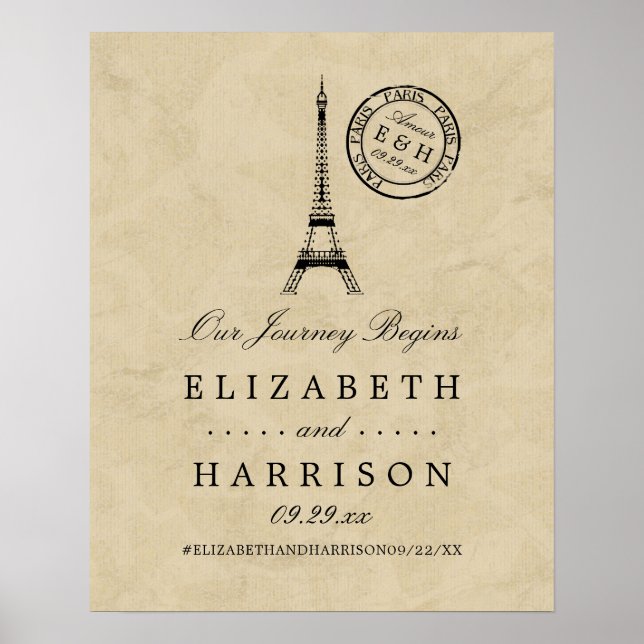 Poster Vintage Eiffel Tower Paris Postmark Wedding (Frente)