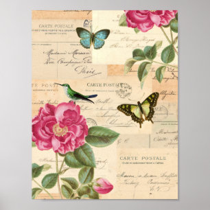 Poster vintage elegante com rosas e borboletas