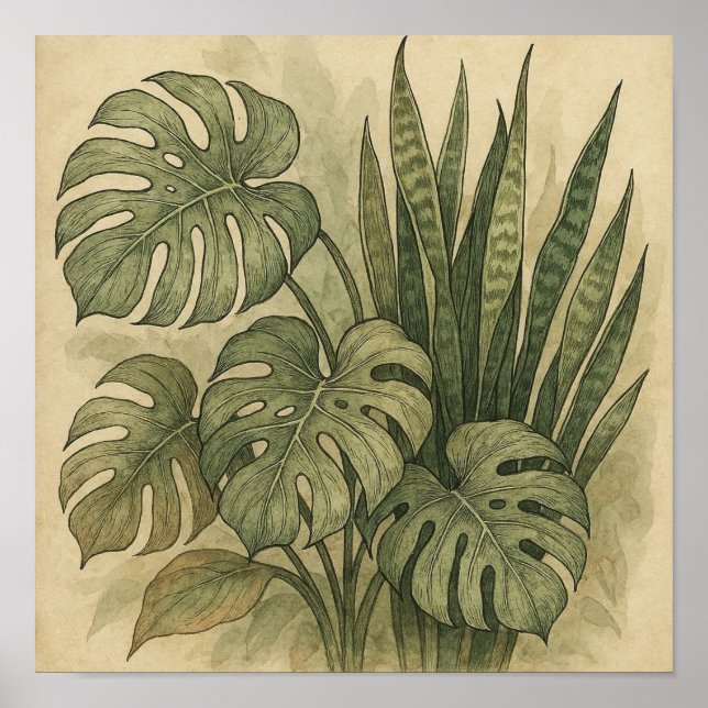 Poster vintage Elegante de Monstera e Cobra (Frente)