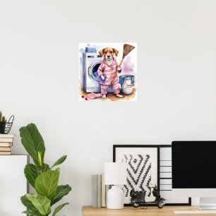 Poster Vintage Engraçado Gato em Pijama Fazendo Lavagem
