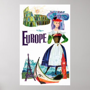 Póster Vintage Europe Viagem Paris Veneza, Roma, Grécia