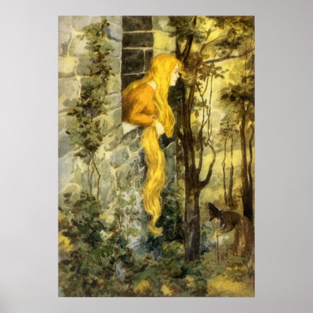 Póster Vintage Fairy Tale, Rapunzel com Cabelo Longo (Frente)