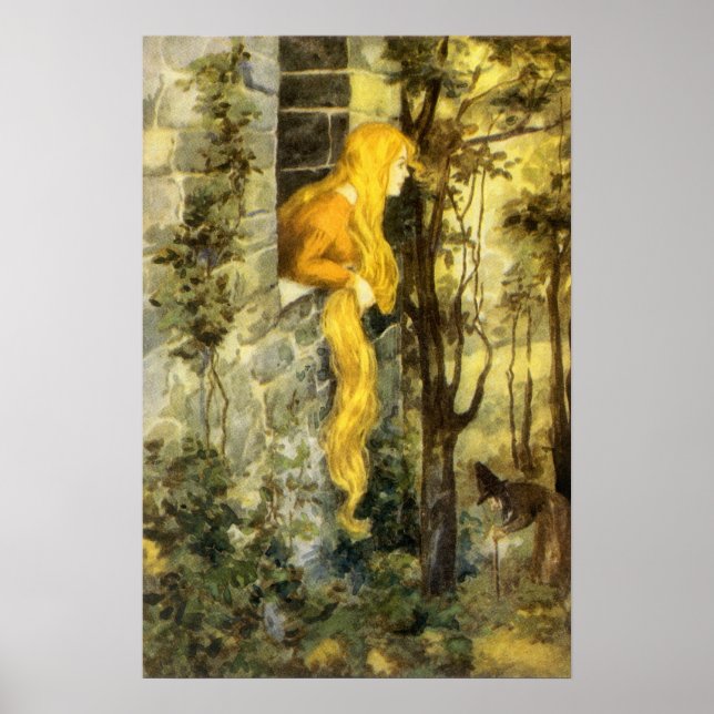 Póster Vintage Fairy Tale, Rapunzel com Cabelo Longo (Frente)