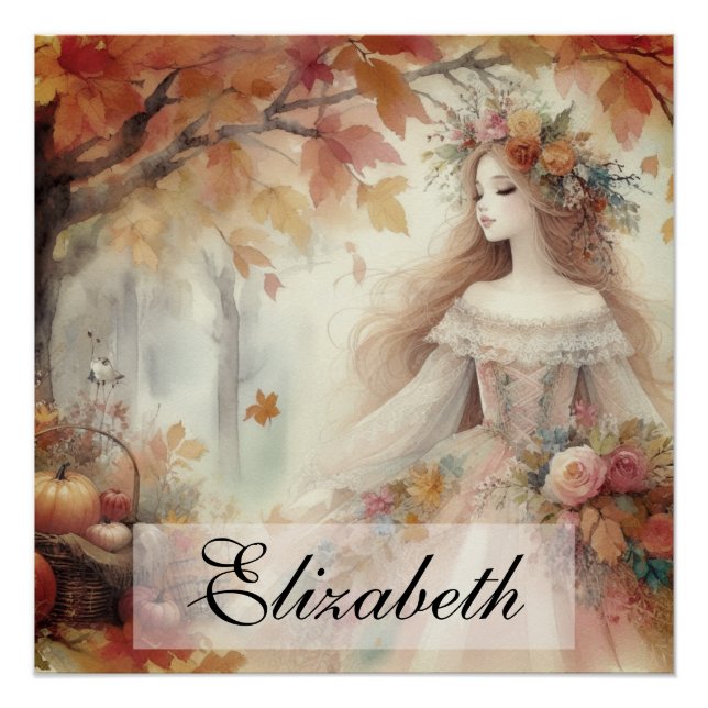 Póster Vintage Fall Princess com Folhas de outono (Frente)