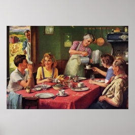 Póster Vintage Family Comendo Café da Manhã na Cozinha