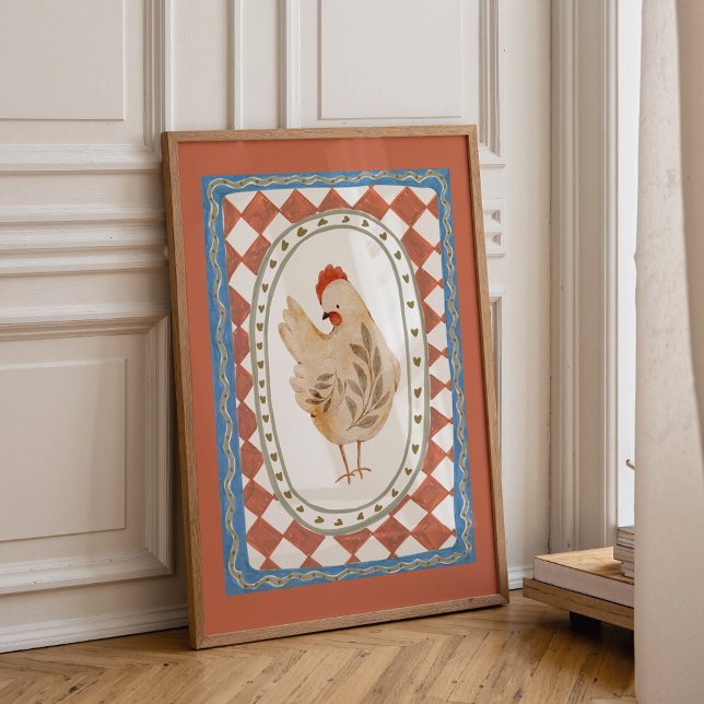 Poster Vintage Farm Animal Print (Colorful chicken wall art print for farmhouse nursery and kids room decor)
