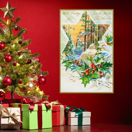 Poster Vintage Felry Christmas Holly Berries Snow Festivo