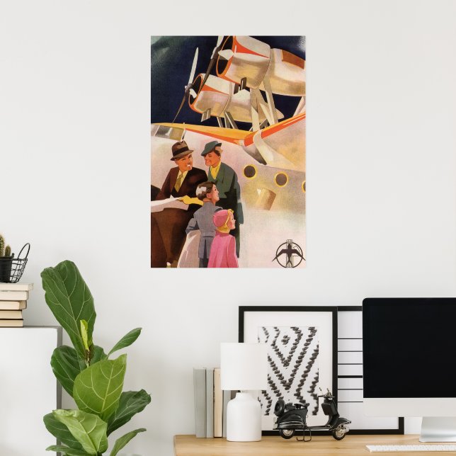 Poster Vintage Férias Familiares Via Seaplane w Hélices (Escritório em casa)