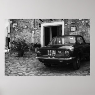 Poster Vintage FIAT car in Italy in monochrome
