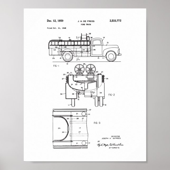 Poster Vintage Fire Truck Patent Poster, Bombeiro (Frente)