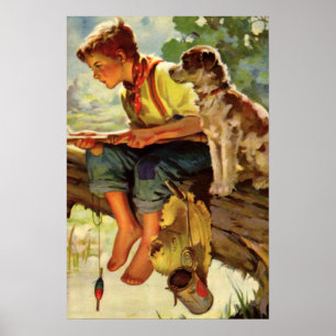 Poster Vintage Fish, Garoto com seu Cachorro e Vermes