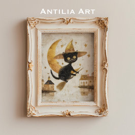 Poster Vintage Flagando Black Cat Painting Halloween Moon