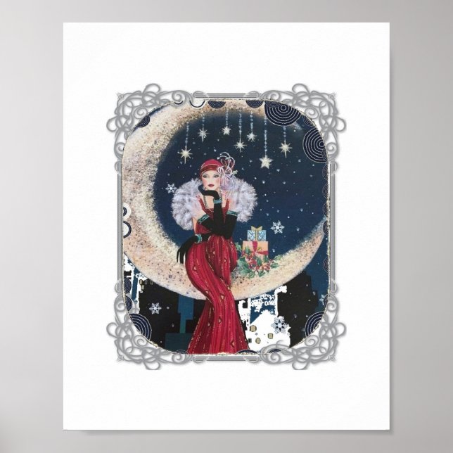Poster Vintage Flapper Woman Crescent Moon (Frente)
