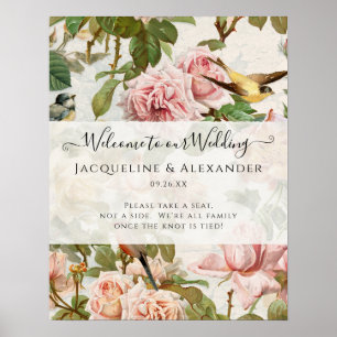 Poster Vintage Floral Blush Pink Birds Bem-vindo ao Casam