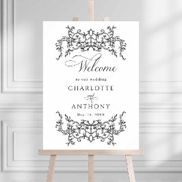 Poster Vintage Floral Frame Black & White Wedding Welcome