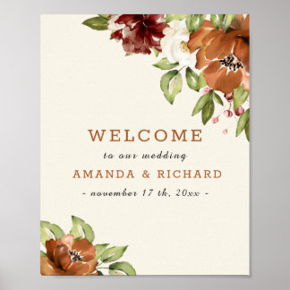Poster Vintage Floral Maroon Orange Weding Sign