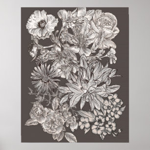 Poster Vintage Floral Modern Cinzas Botânicas Wall Art