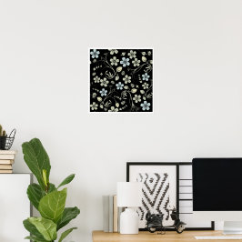 Poster Vintage Floral Pattern with Ladybugs on Black