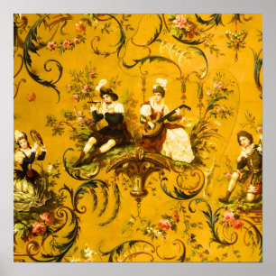 Poster Vintage Floral Vitoriano Amarelo-Amarelo-Dourado f